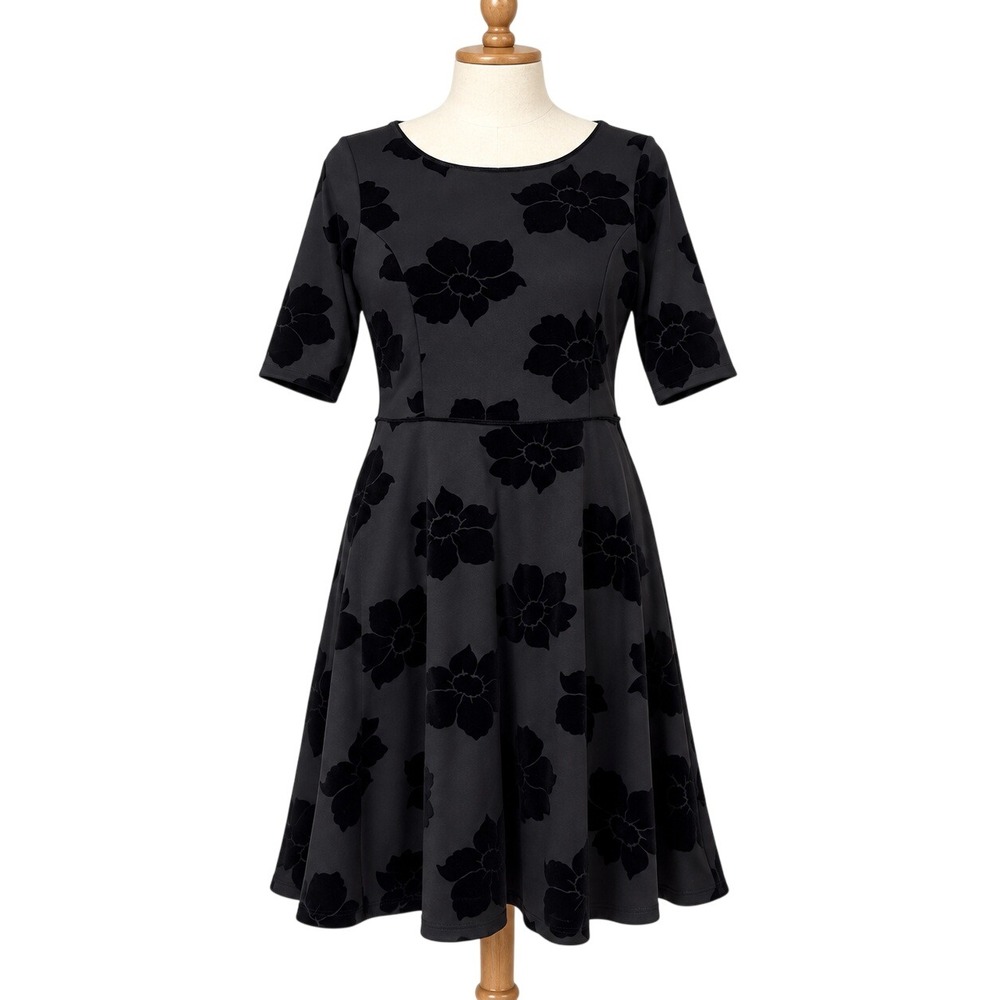 Lands End Fit Flare Dress Womens M 10-12 Black Velvet Burnout Floral Excellent